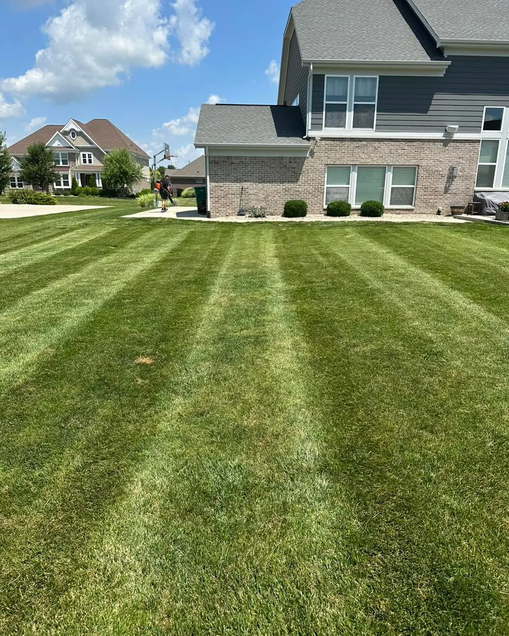 Crisp parallel mowing stripes on the lawn beside a modern grey and brick two storey house