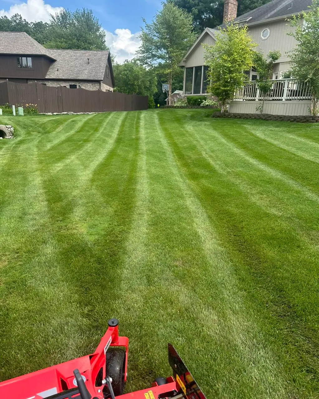 Mowing stripes running the full length of a back lawn toward a two storey house, with the red mower deck just visible at the bottom of the frame